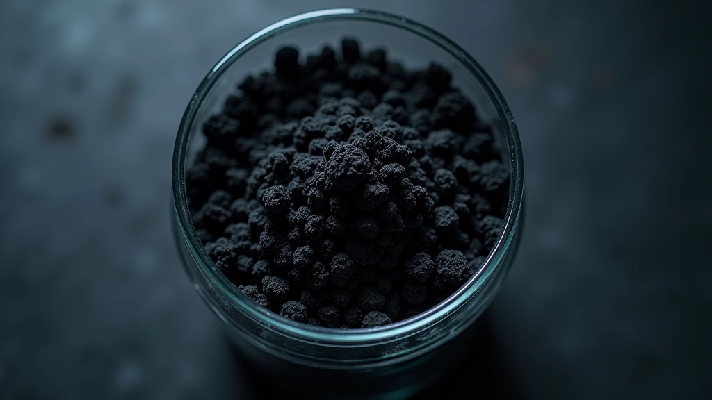 Activated carbon filter media in bulk showing porous black granules, industrial water treatment material