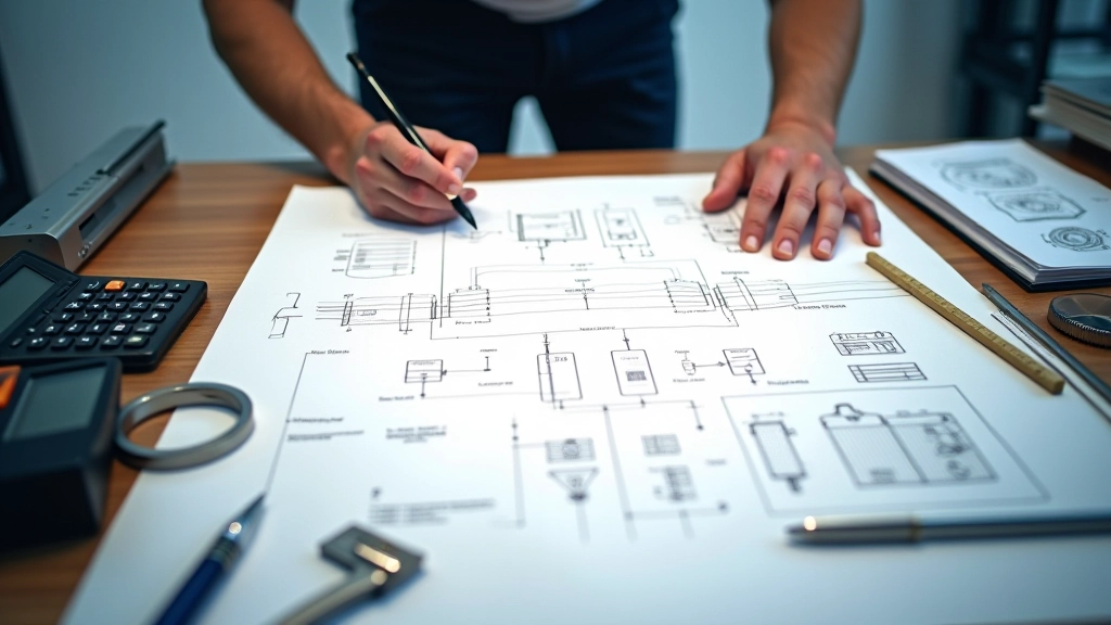Engineering desk with technical drawings and filtration system specifications