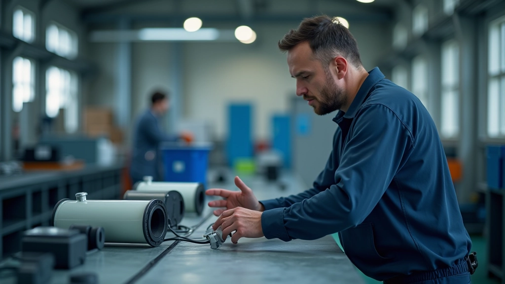 Technician performing maintenance on industrial filter system with replacement cartridges stacked nearby