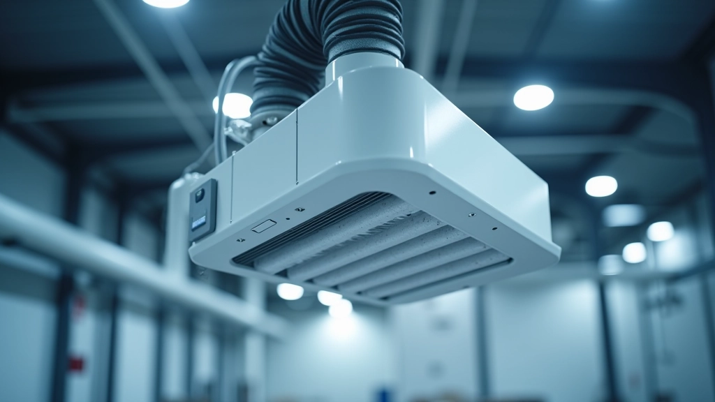 Air filtration equipment with HEPA filters and ducting system mounted on factory ceiling