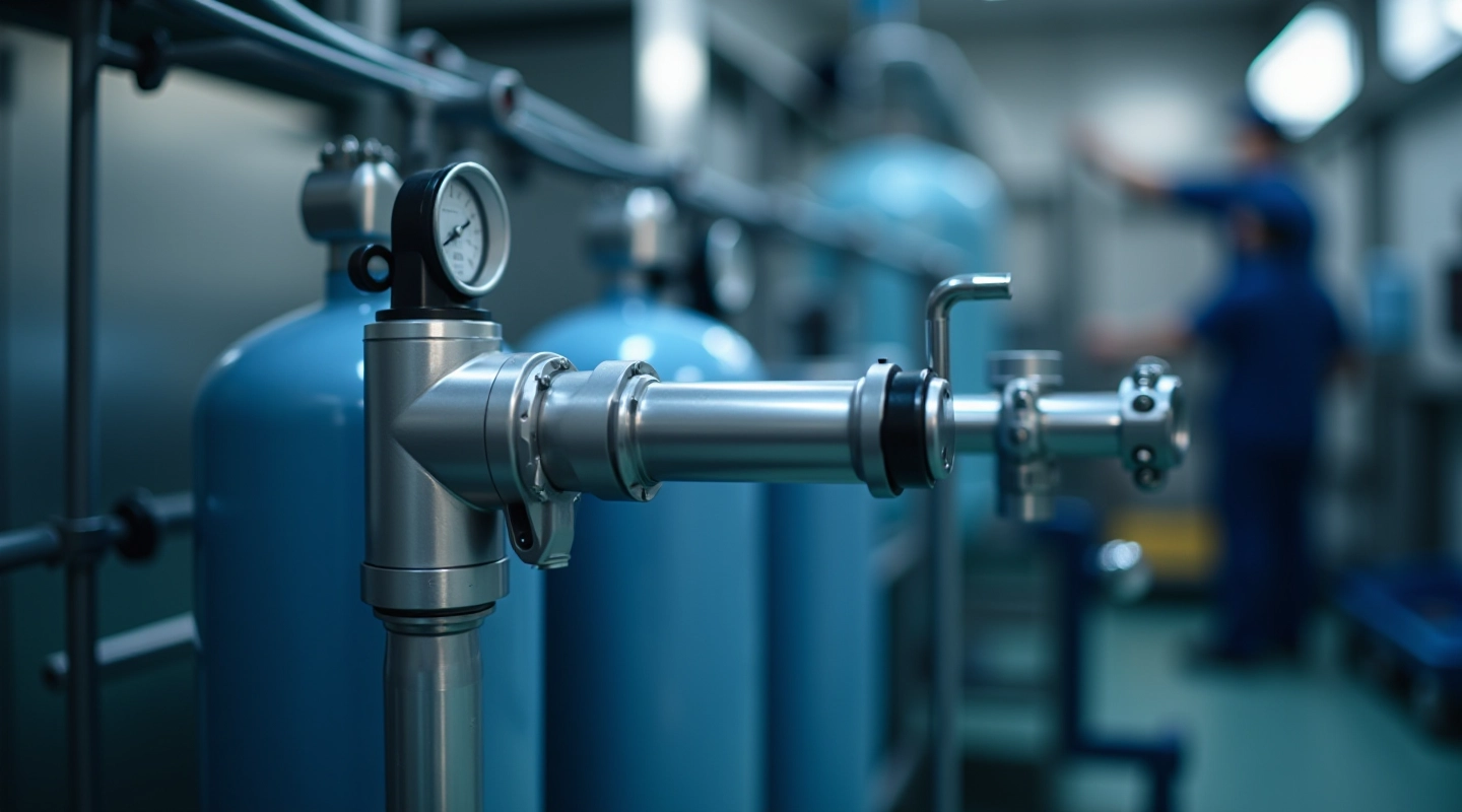 Close-up view of industrial water filtration cartridges and housing with gauge and valve system