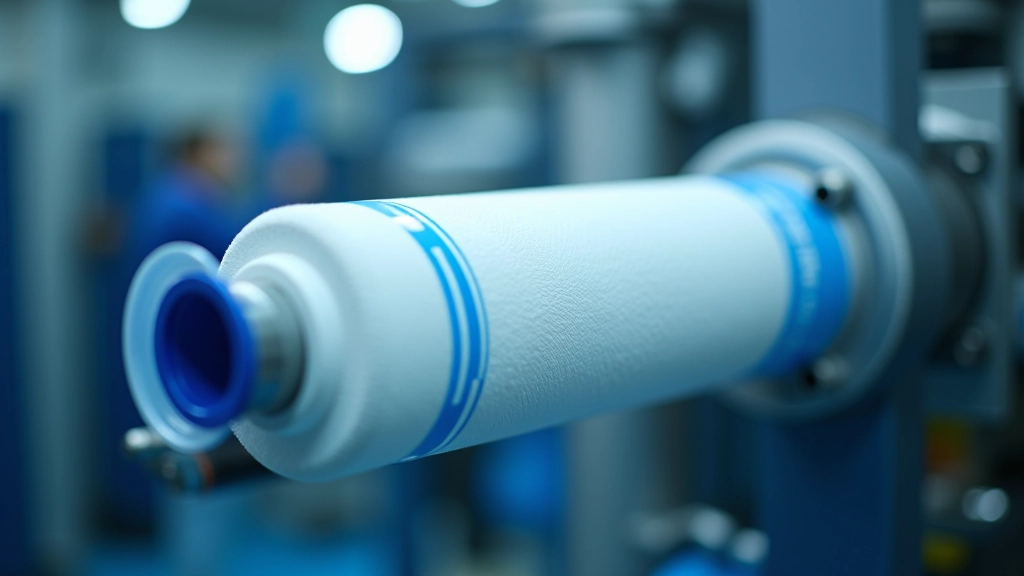 Close-up view of sediment filter cartridge with visible layers and micron rating label, industrial filtration equipment