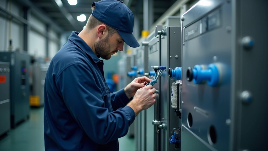 Technician performing routine maintenance on industrial filtration equipment