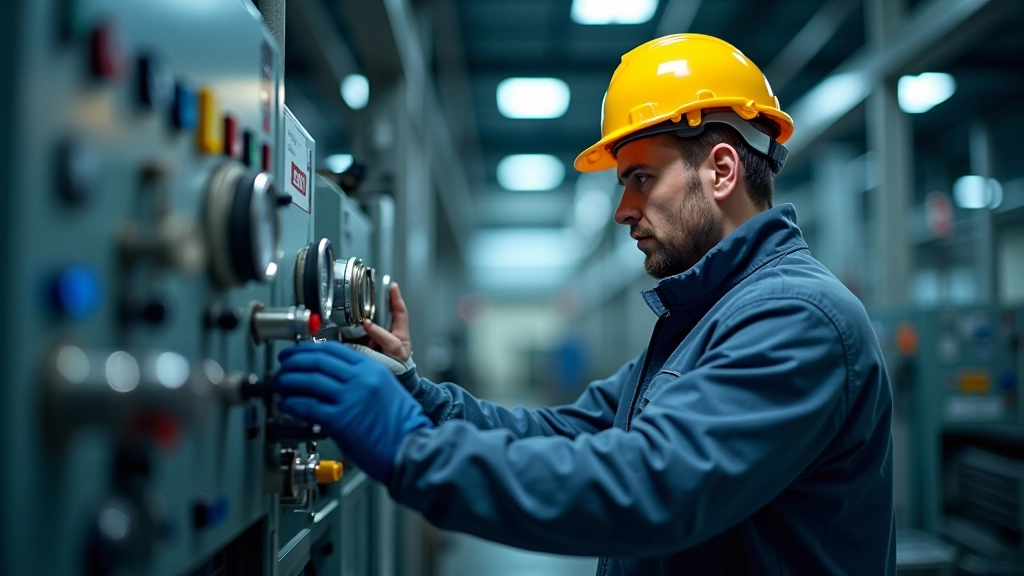 Technician performing maintenance on industrial filtration system, checking gauges and preparing filter cartridge replacement